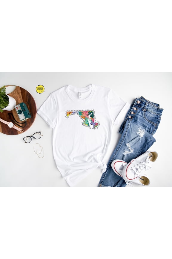 Maryland Floral Map Shirt: State Travel Souvenir TSHIRT All Size S-5XL