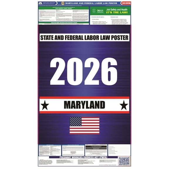 Maryland (MD) 2026 State Labor Law Poster - State, Federal and OSHA Compliant Laminated Poster - Perfect for the Workplace Posting - Clear and Easy-to-Read Format - 20 Inch by 36 Inch - English