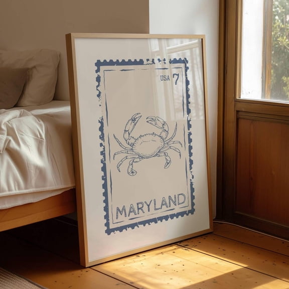 Maryland State Stamp Wall Art Blue Crab Decor, Unframed Paper Print Size 8x12