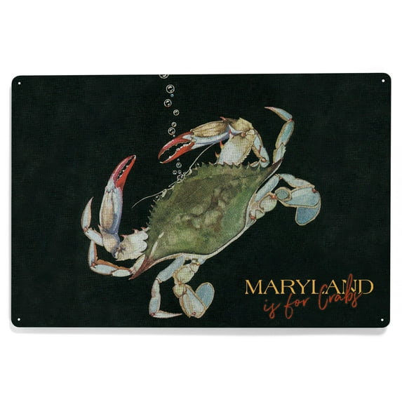 Maryland is for Crabs, Blue Crab, Black Background (12x18 Aluminum Art, Indoor Outdoor Metal Sign Decor)