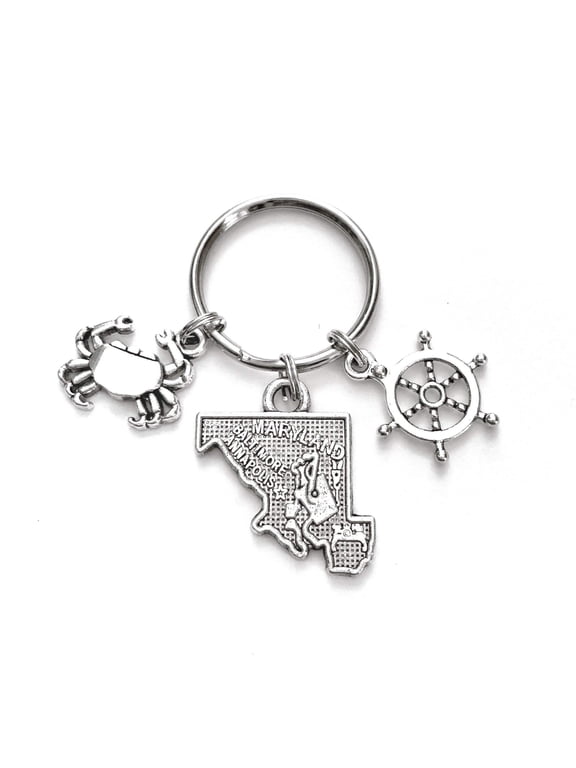 Maryland nautical themed keychain. Includes State of Maryland, Blue Crab, and Ship Wheel.