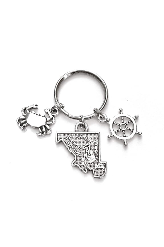 Maryland nautical themed keychain. Includes State of Maryland, Blue Crab, and Ship Wheel.