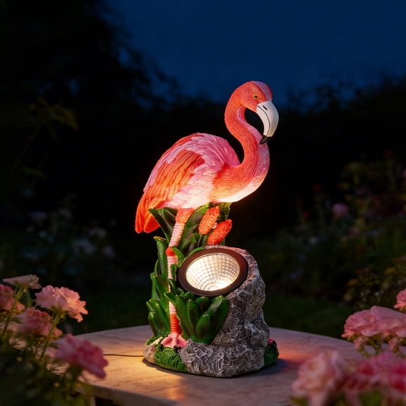 Marytumm 10" Outdoor Flamingo Garden Statue with Solar Lights, Waterproof Resin Flamingo Figurine Decorative Spotlight for Patio Yard Lawn Pond Decor
