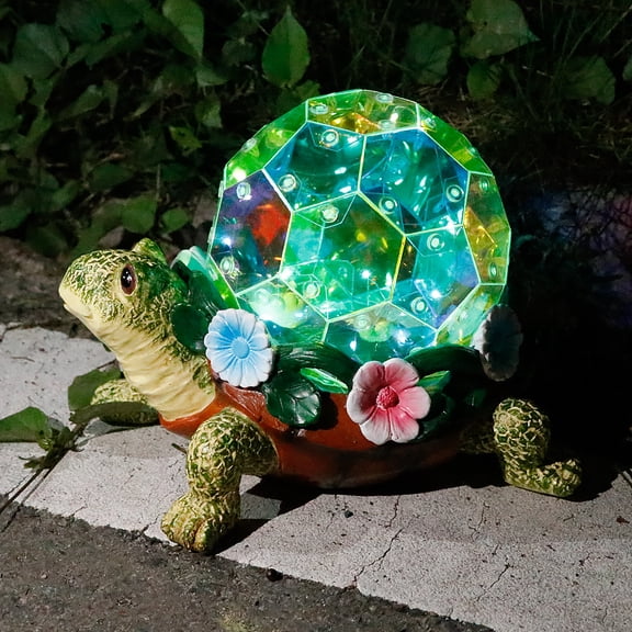 Marytumm 8.46" Solar Turtle Garden Statue, Polyresin Tortoise Figurine with Colorful Geometric Glowing Shell and Flowers, Waterproof Outdoor Decorative Landscape Light for Patio Yard Lawn