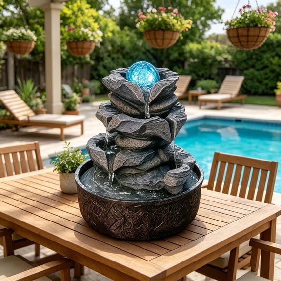 Marytumm Tabletop Outdoor Waterfall Fountain with LED Lights Zen Meditation Desktop Water Feature
