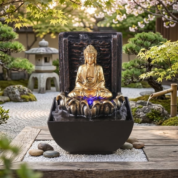 Marytumm Zen Buddha Tabletop Water Fountain with Spinning Crystal Ball & LED Lights, Mini USB Desktop Waterfall for Meditation, Office & Home Decor