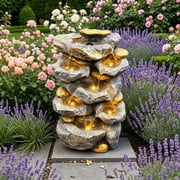 Marytumm Zen Rock Waterfall Fountain with LED Lights & Pump, 10" Tabletop Resin Water Feature for Patio, Garden & Home Decor