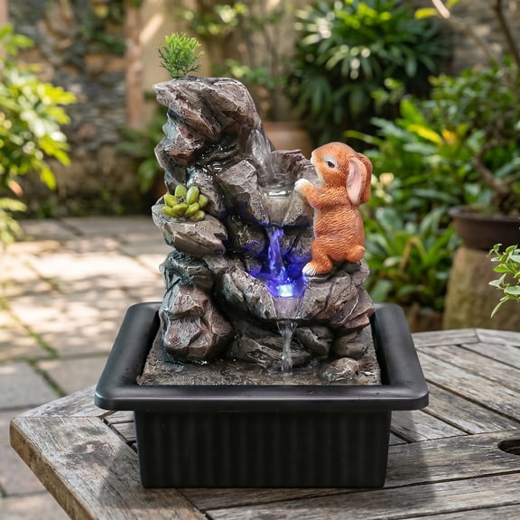 Marytumm Zen Tabletop Bunny Rock Waterfall Fountain with LED Lights, Mini USB Rabbit Water Feature for Garden, Patio & Office Home Decor