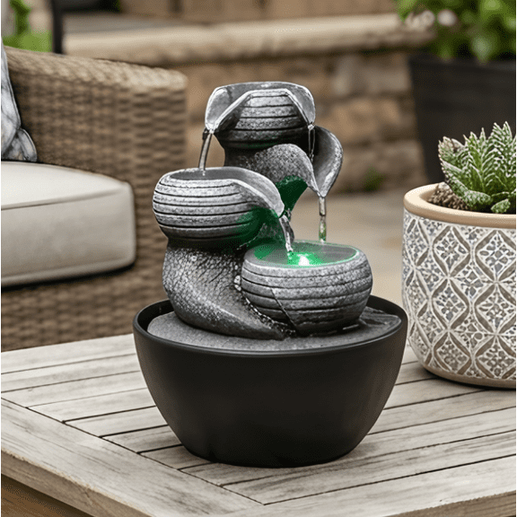 Marytumm Zen Tabletop Water Fountain with Green LED Light, Mini USB 3-Tier Pots Desktop Waterfall for Home Office Desk & Patio Decor