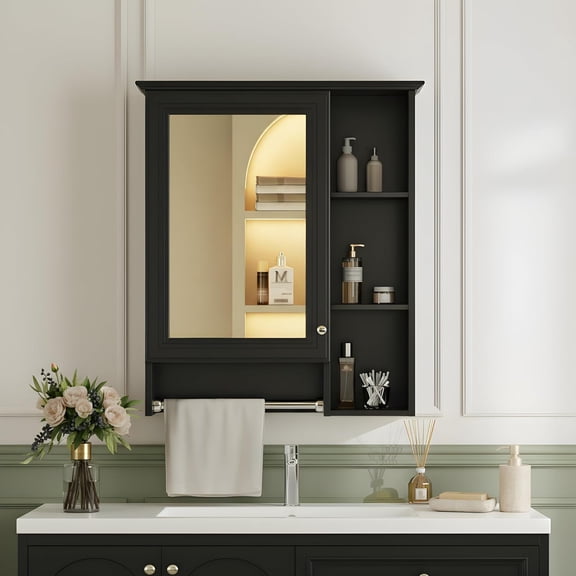 Marzzi 24"x28" Bathroom Medicine Cabinet with Mirror and Towel Bar, Wall Mounted Bathroom Storage Organizer with Open Shelves & Adjustable Interior for Master Bath & Power Room, Painted Finish
