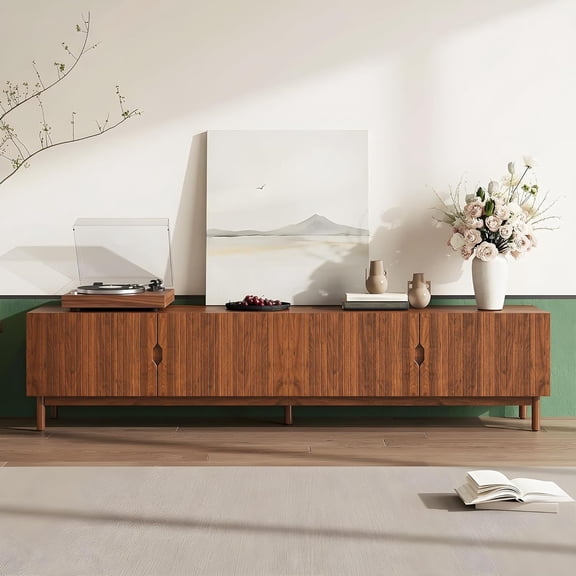 Marzzi Fluted TV Stand for TVs up to 90", Modern Entertainment Center with 4 Doors & Adjustable Shelves, Wood Media Console Cabinet with Cable Management for Living Room, Solid Wood Legs