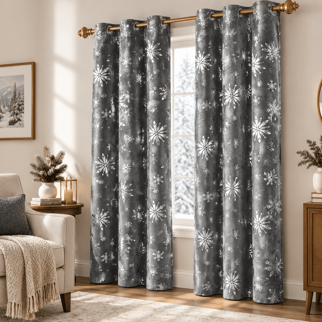 Mas Curtafor Living Room Snowflake Foil Print Curtain Blackout ...