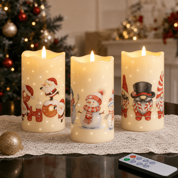 Mas Fiber Opticlessar Candles With Remote Santa Snowman Led Holiday Winter Decor Set Of 3