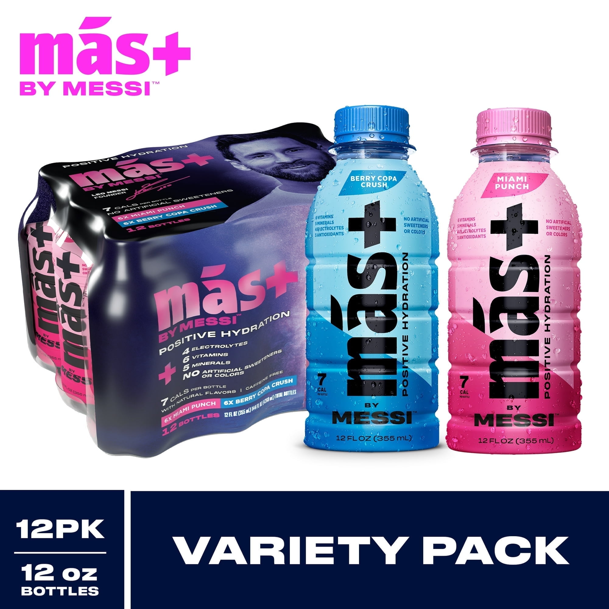 Mas+ by Messi Hydration Sports Drink Variety, 12 Pack, 12 fl oz Bottles ...