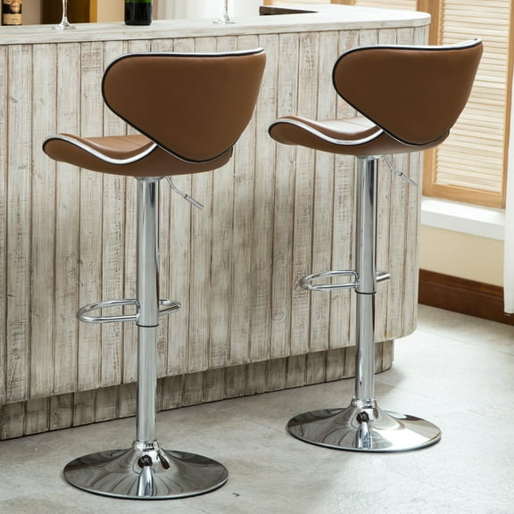 Masaccio 2-Pc Camel Faux Leather Swivel Bar Stools with Chrome Base, Adjustable Airlift Seat & Footrest - Perfect for Kitchen Island, Home Bar, Counter Height - 17.75"W x 21.25"D x 34"-42.5"H
