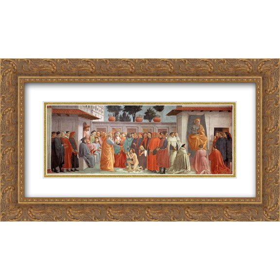 Masaccio 2x Matted 24x14 Gold Ornate Framed Art Print 'Raising of the Son of Teophilus and St.Peter Enthroned'