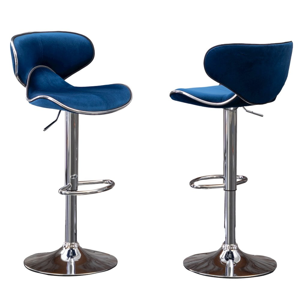 Adjustable Swivel Barstool in Plush Blue Velvet and Chrome