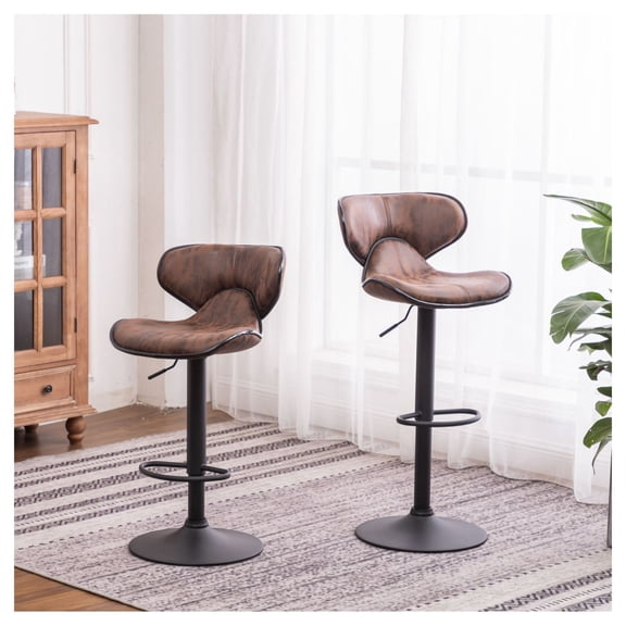 Masaccio Weathered Upholstery Adjustable Swivel Barstool with Base, Set of 2, Brown