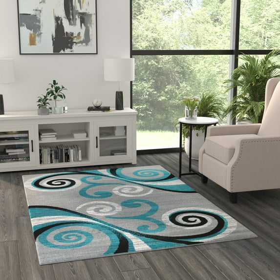 Masada Rugs Area Rug Modern Contemporary Design 1100 Turquoise Grey White Black (5 Feet 3 Inch X 7 Feet 3 Inch)