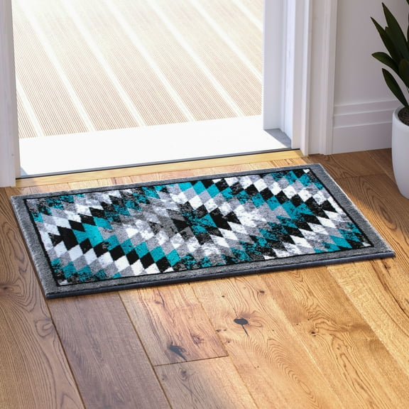 Masada Rugs Area Rug Southwest  Distressed Design 1106 Turquoise Grey White Black (2 Feet X 3 Feet) Mat