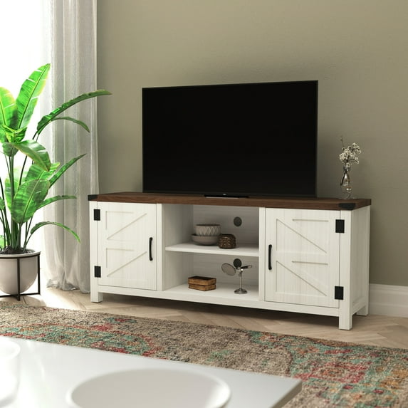 Masada Rugs Barn Door TV Stand with Adjustable Middle Shelf, Walnut and White