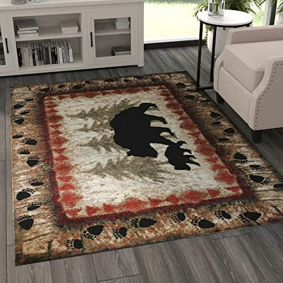 Masada Rugs, Cabin Lodge Area Rug Bear and Cub Scene (5 Feet 3 Inch X 7 Feet)
