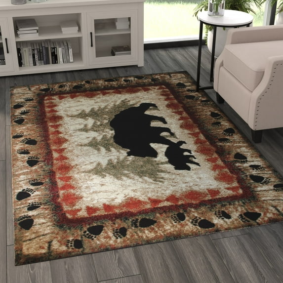 Masada Rugs Cabin Lodge Area Rug Bear and Cub scene (5 Feet 3 Inch X 7 Feet)