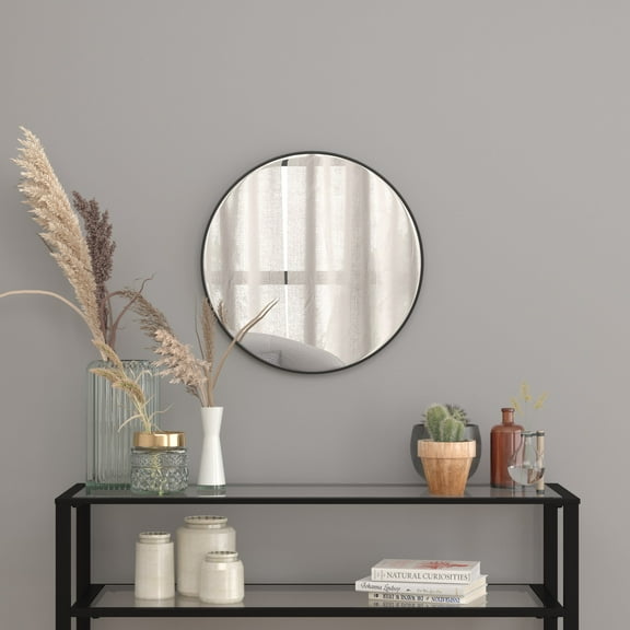 Masada Rugs Contemporary 20" Round Distressed Black Metal Framed Wall Mirror