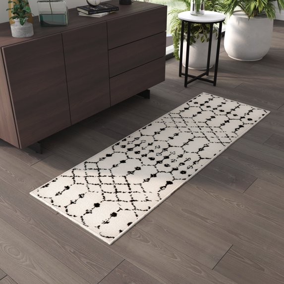 Masada Rugs Geometric Bohemian Low Pile Area Rug Ivory Black 2' x 6'
