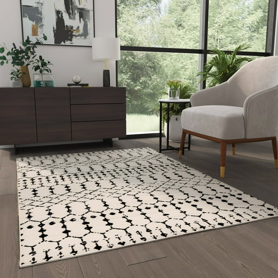 Masada Rugs Geometric Bohemian Low Pile Area Rug Ivory Black 5' x 7'