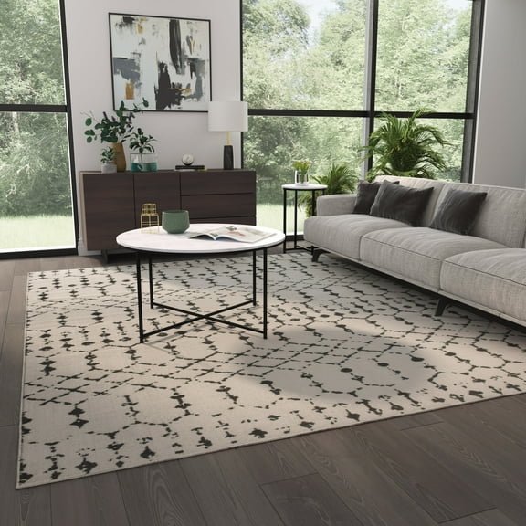 Masada Rugs Geometric Bohemian Low Pile Area Rug Ivory Black 8' x 10'