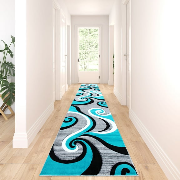 Masada Rugs High Quality Hand Carved Long Runner Area Rug Modern Contemporary Turquoise Grey White Black (2 Feet 8 Inch X 15 Feet 6 Inch) Runner