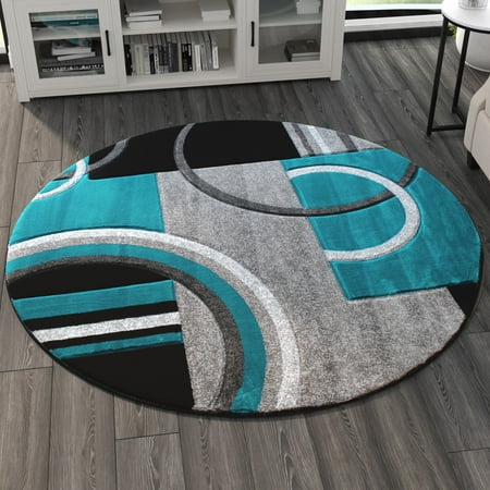 Masada Rugs High Quality Hand Carved Round Area Rug Modern Contemporary Turquoise Gray Black (5 Feet 3 Inch X 5 Feet 3 Inch) Round