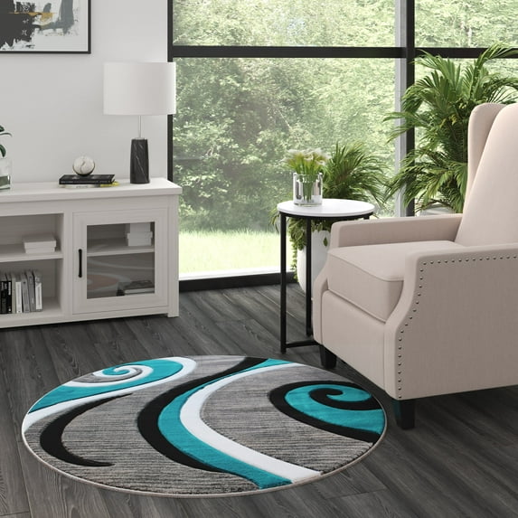 Masada Rugs High Quality Hand Carved Round Area Rug Modern Contemporary Turquoise Grey White Black (4 Feet X 4 Feet) Round
