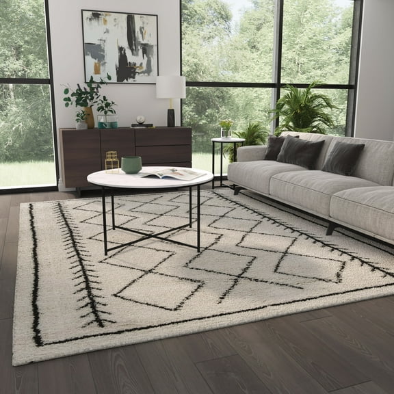 Masada Rugs Modern Bohemian Area Rug, Ivory Black (8 Feet x 10 Feet)