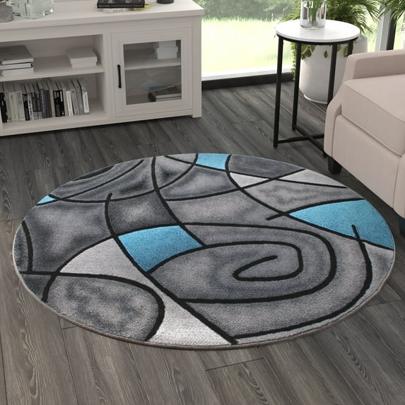 Masada Rugs Modern Contemporary Area Rug, Blue Grey Black (6 Feet 7 Inch X 6 Feet 7 Inch) Round