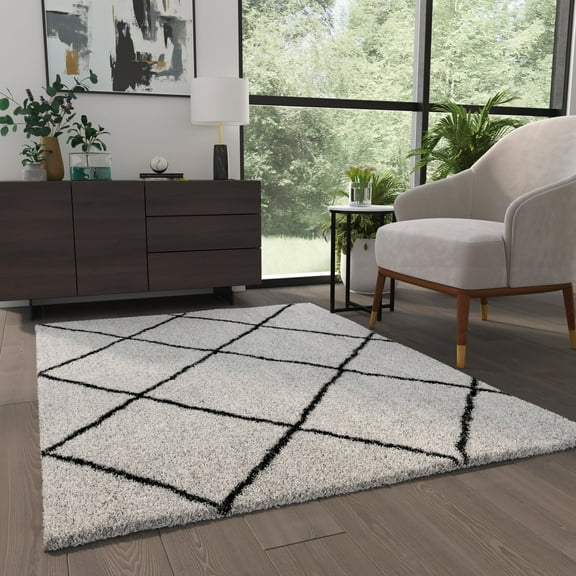 Masada Rugs Modern Contemporary Area Rug, Ivory Black (5 Feet x 7 Feet)