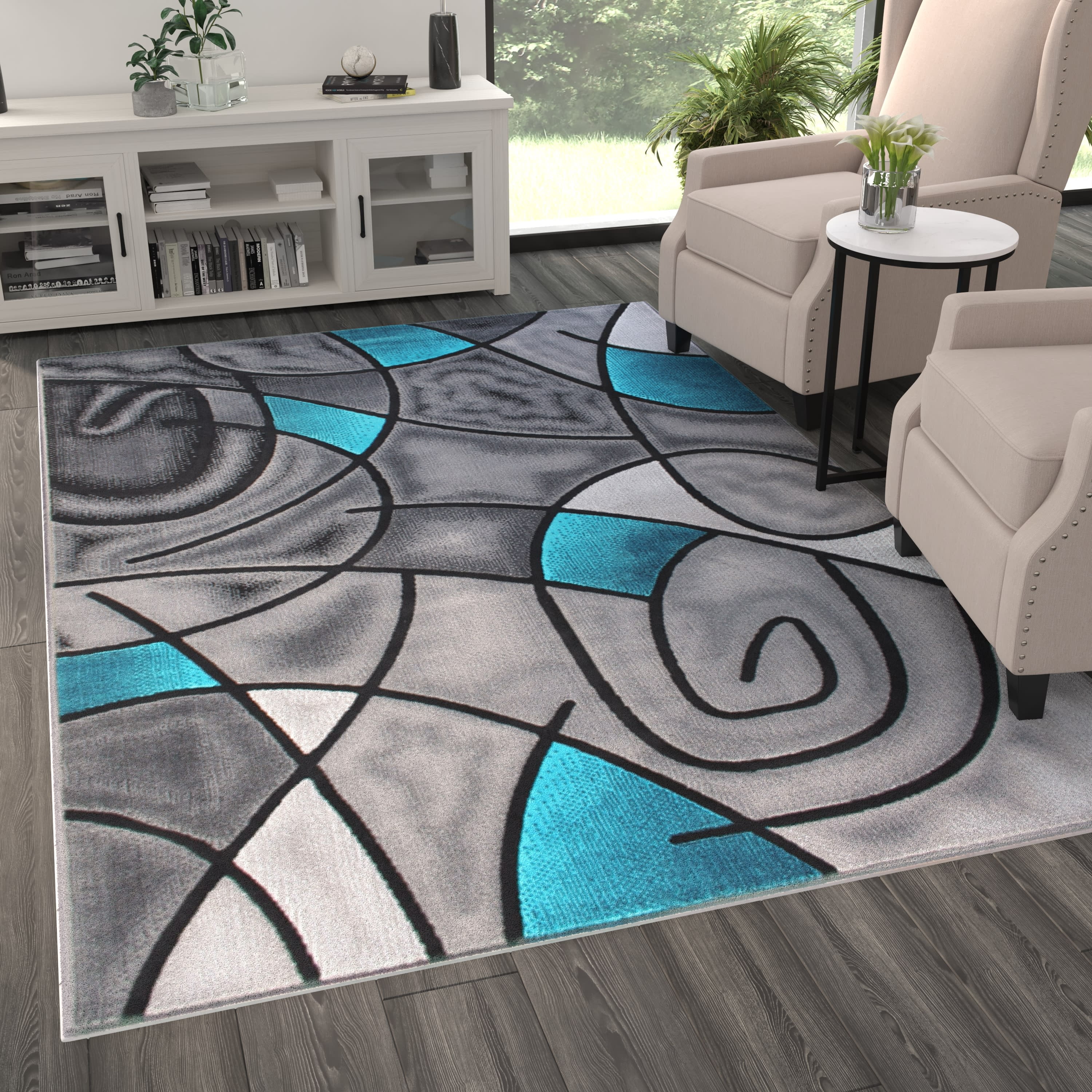 Masada Rugs Modern Contemporary Area Rug, Turquoise Grey Black (6 Feet
