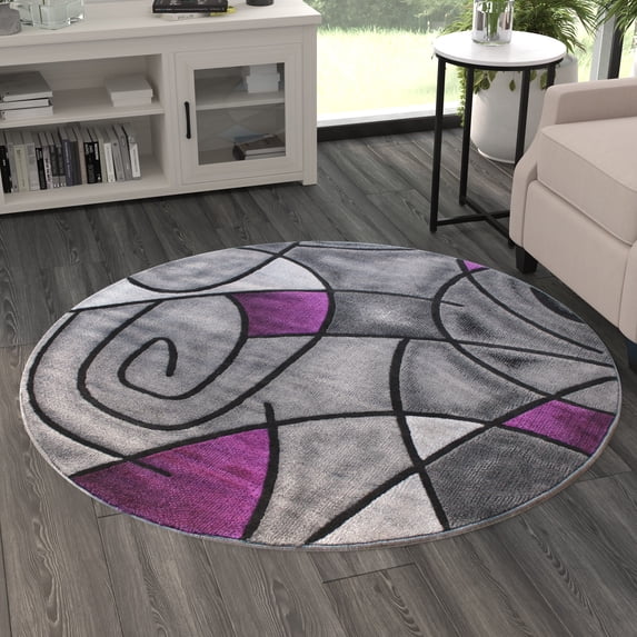 Masada Rugs Modern Contemporary Round Area Rug, Purple Grey Black (5 Feet X 5 Feet) Round