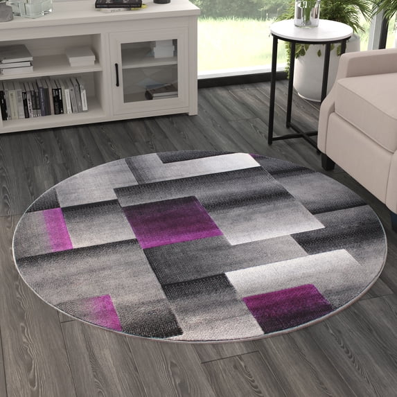 Masada Rugs Modern Contemporary Round Area Rug, Purple Grey Black (5 Feet X 5 Feet) Round