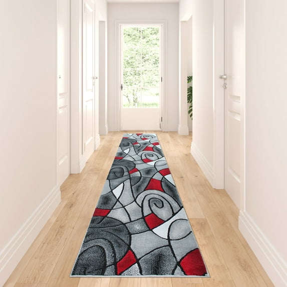 Masada Rugs Modern Contemporary Runner Area Rug, Red Grey Black. (32 Inch X 10 Feet)