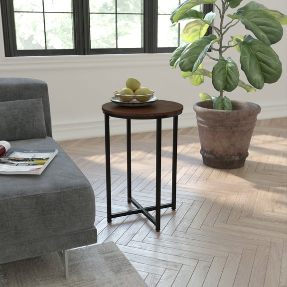 Masada Rugs Modern End Table with Black Metal Crisscross Frame and Walnut Finished Laminate Top