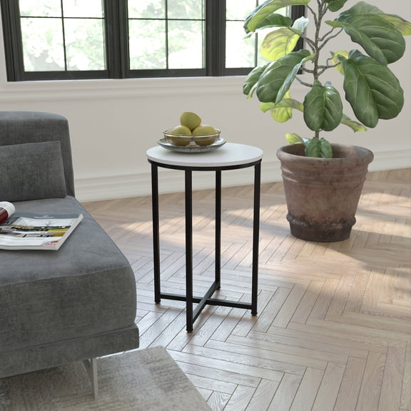 Masada Rugs Modern End Table with Black Metal Crisscross Frame and White Marble Finished Laminate Top