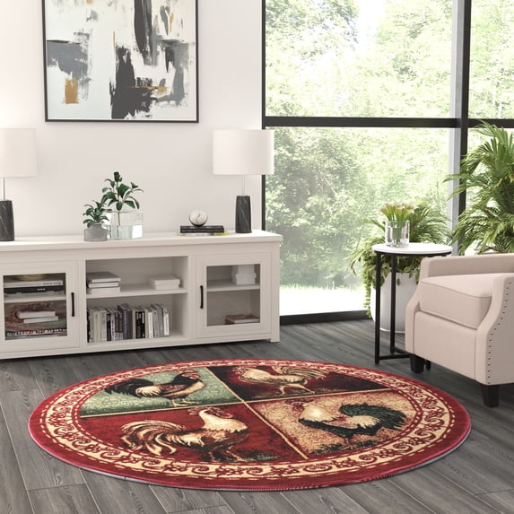 Masada Rugs Rooster Style Round Area Rug L-379 (5 Feet 5 Inch X 5 Feet 5 Inch) Round