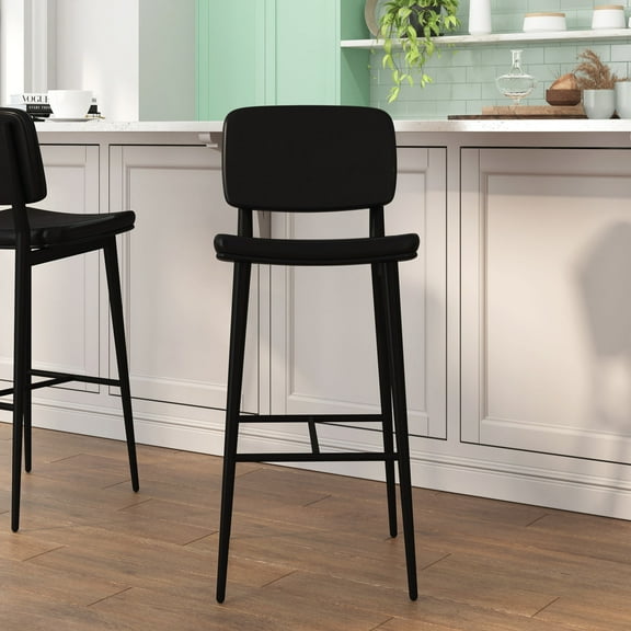 Masada Rugs Set of Two Black Faux Leather Upholstered Mid-Back Bar Height Dining Chairs with Black Iron Bases