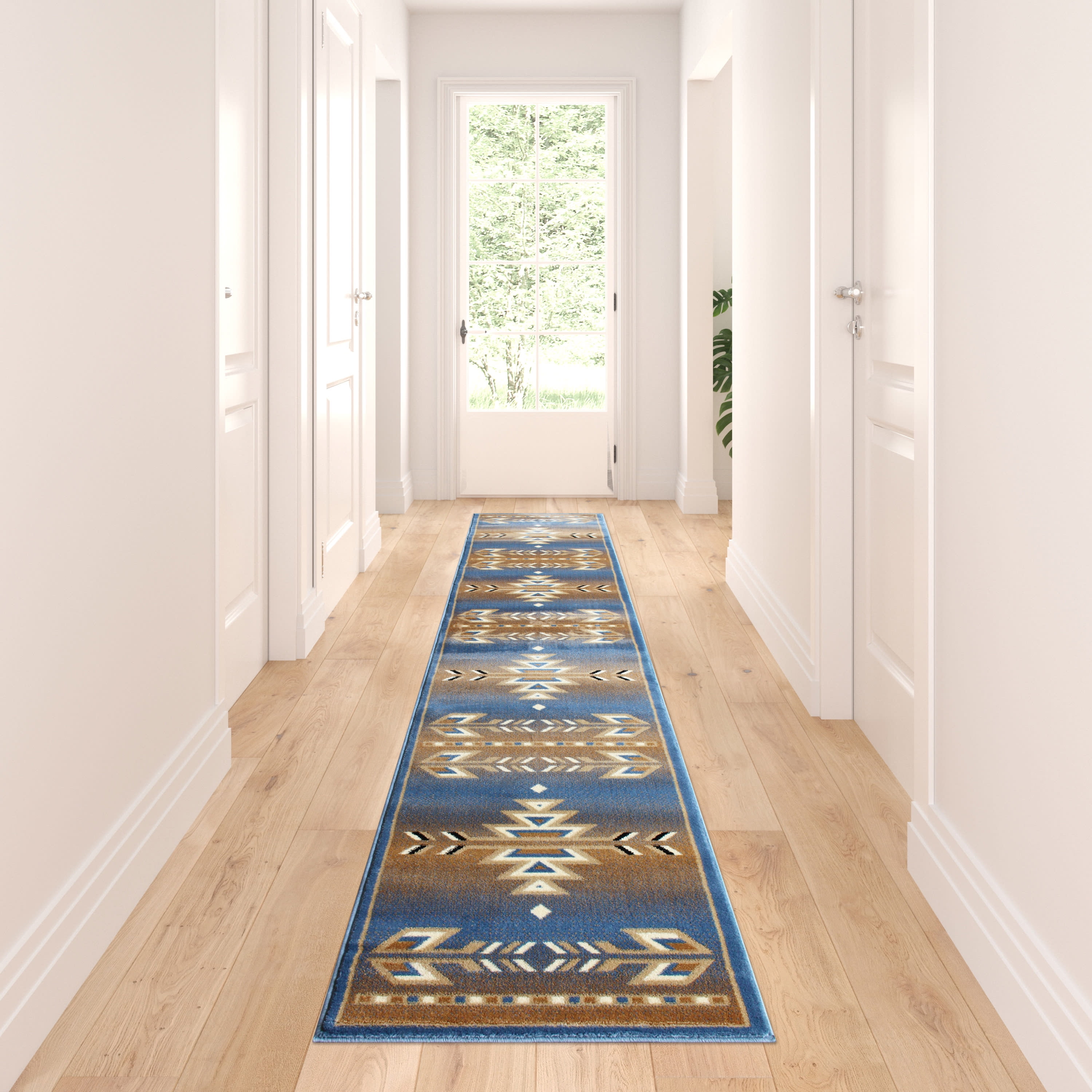Blue and Brown Southwest Pattern Runner Rug