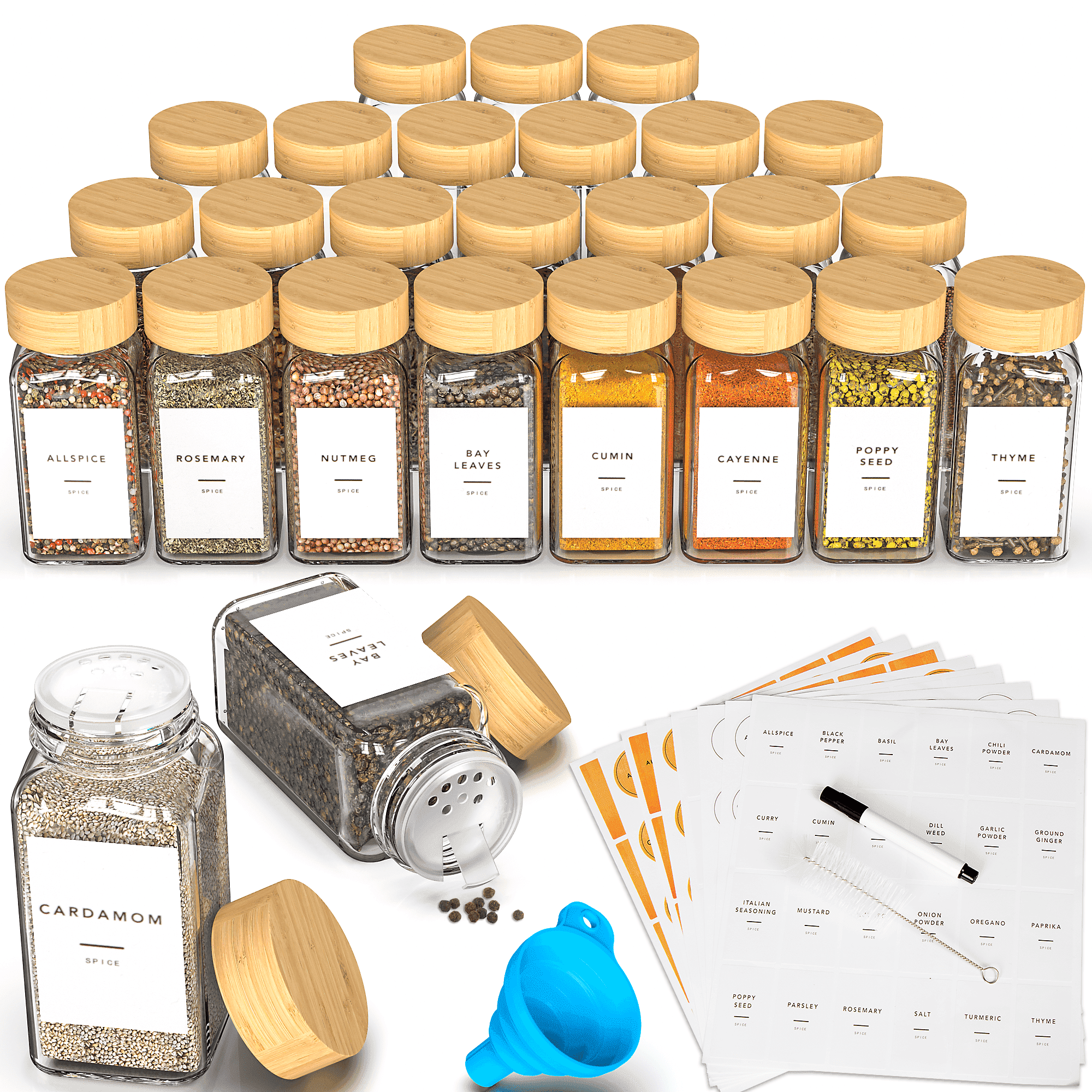 Masadi 24 Pack Glass Spice Jar,Bamboo Lid Glass Spice Jars, Kitchen Spice Storage Jar, Spice Storage Jar,Kitchen Food Storage Tanks,Preprinted Spice Labels,kitchen organizer - Walmart.com