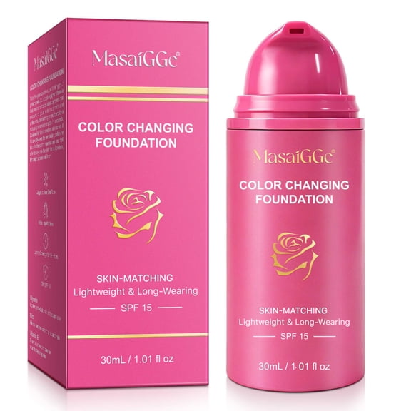 MasaiGGe Color Changing Foundation with SPF 15, Skin-Matching Lightweight Liquid Foundation, Natural Finish, 30mL