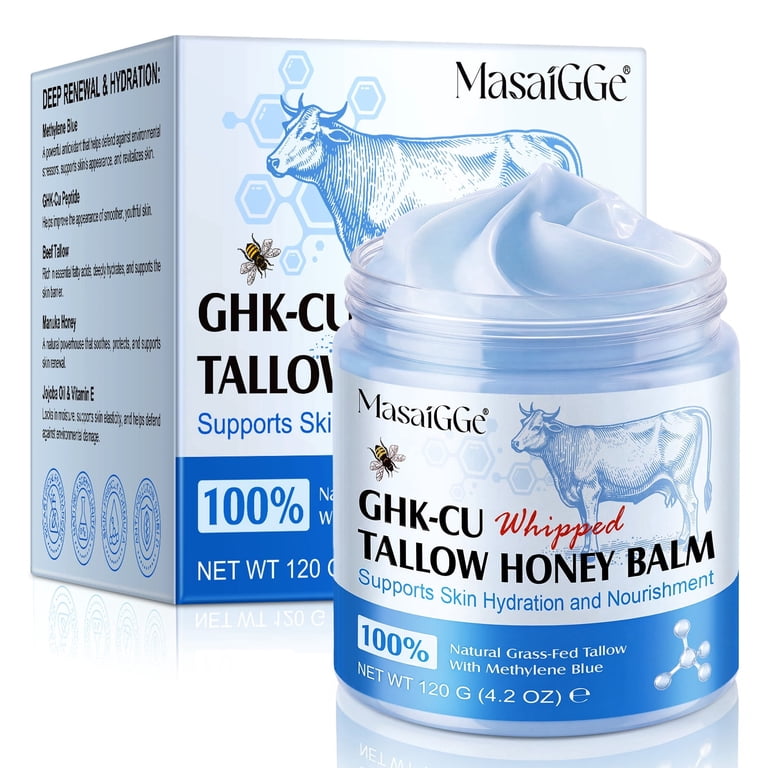 ghk cu infused beef tallow Masaigge GHK-Cu Whipped Honey Balm with Grass-Fed Tallow Skin Moisturizer, 120g(2Pack), Size: 240G(2Pack) synthetic fragrances 2 Cajas Tribedoce Inyectable Stress Size:5 GALLONS
