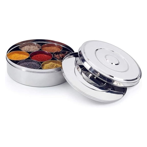 Masala Box 7 Compartments - Stainless Steel Spice Container Dabba - Indian Masala Dabba with Spoon - 8x8 Inch Spice Rack for Kitchen Storage